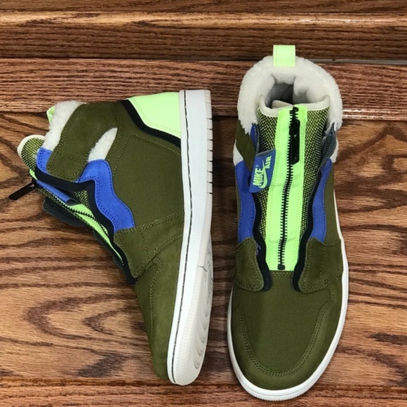 Air Jordan 1 High Zip Up Olive Flake Black Shoes - Picture 2 of 8